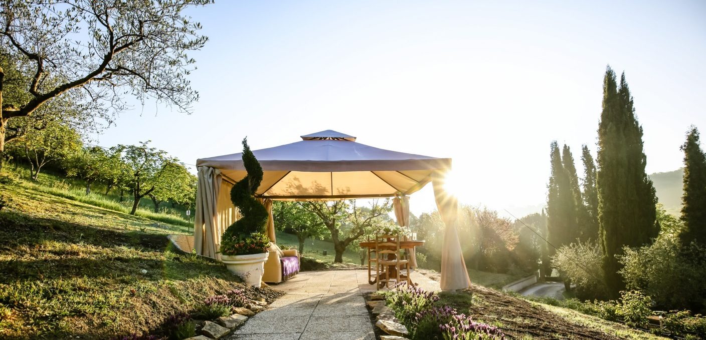 Luxury gazebo, Villa, garden, sunset, romantic